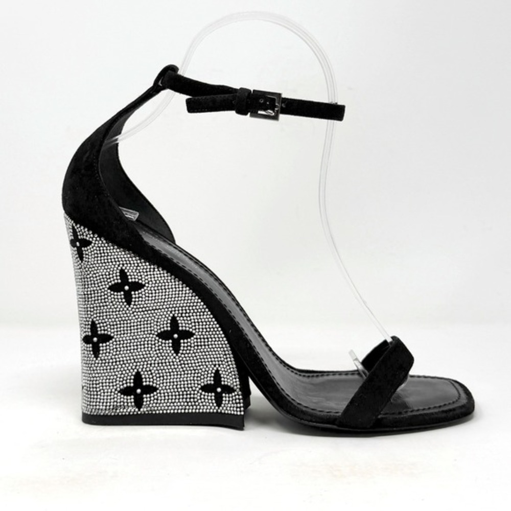Louis Vuitton Black Wedge Sandals‎ Crystal Heels Ankle Strap 37.5 - Picture 3 of 10